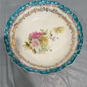 Vintage Floral Serving Bowl Teal Blue Gold Gilt Cottagecore Decor